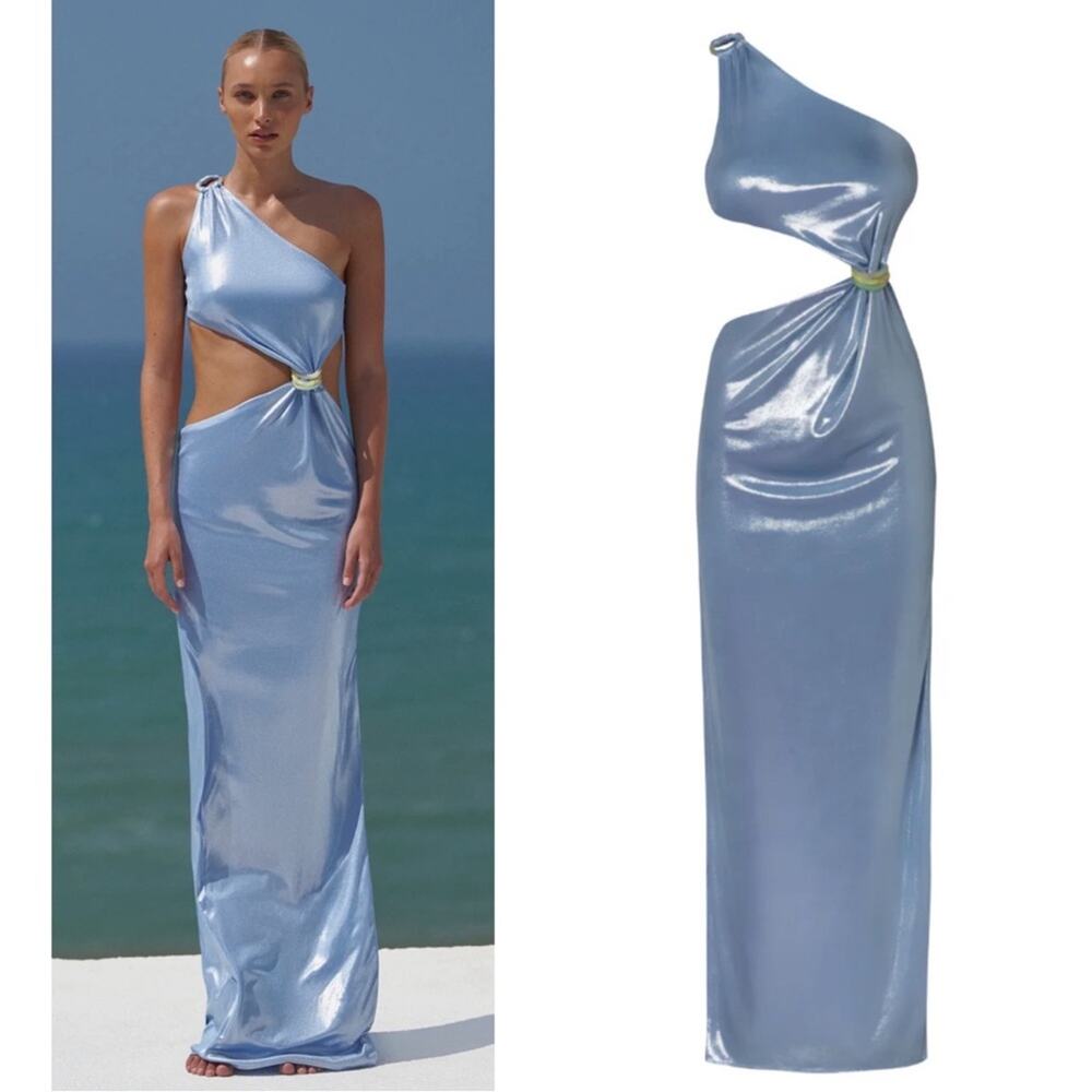 BAOBAB Luna Llena One Shoulder Cutout Ruched Metallic Galactico Maxi Dress Sz M